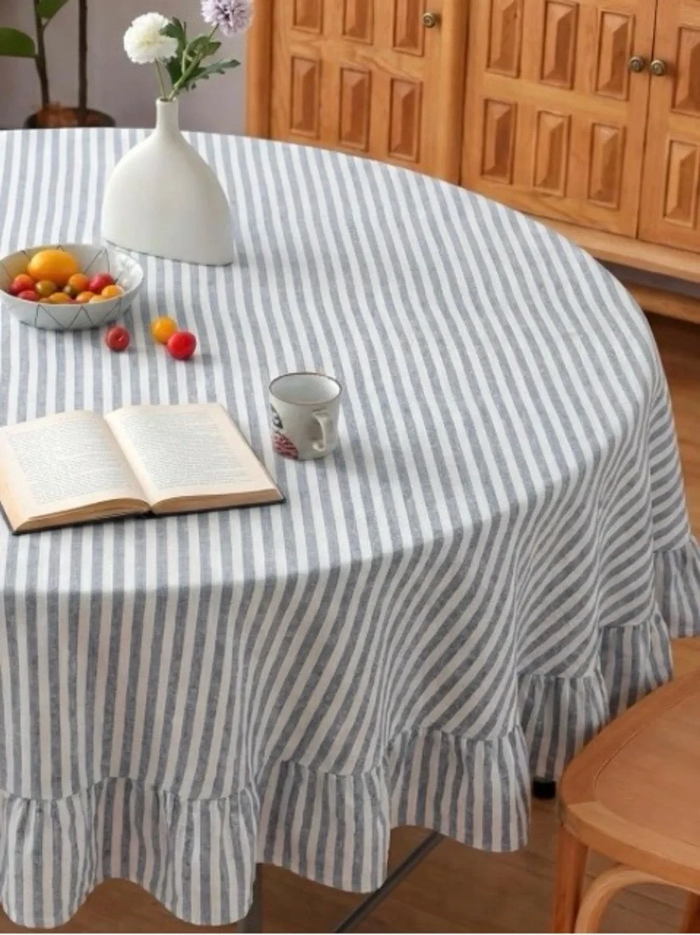 Farmhouse Striped Tablecloth with Ruffle Trim 100% Cotton 60” Round - BLUE WHITE